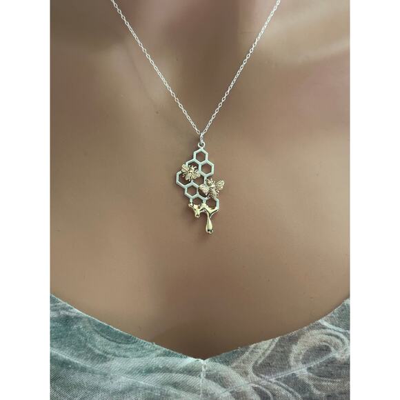 Sterling Silver Mixed Metal Honeycomb Pendant with Dripping Honey Necklace